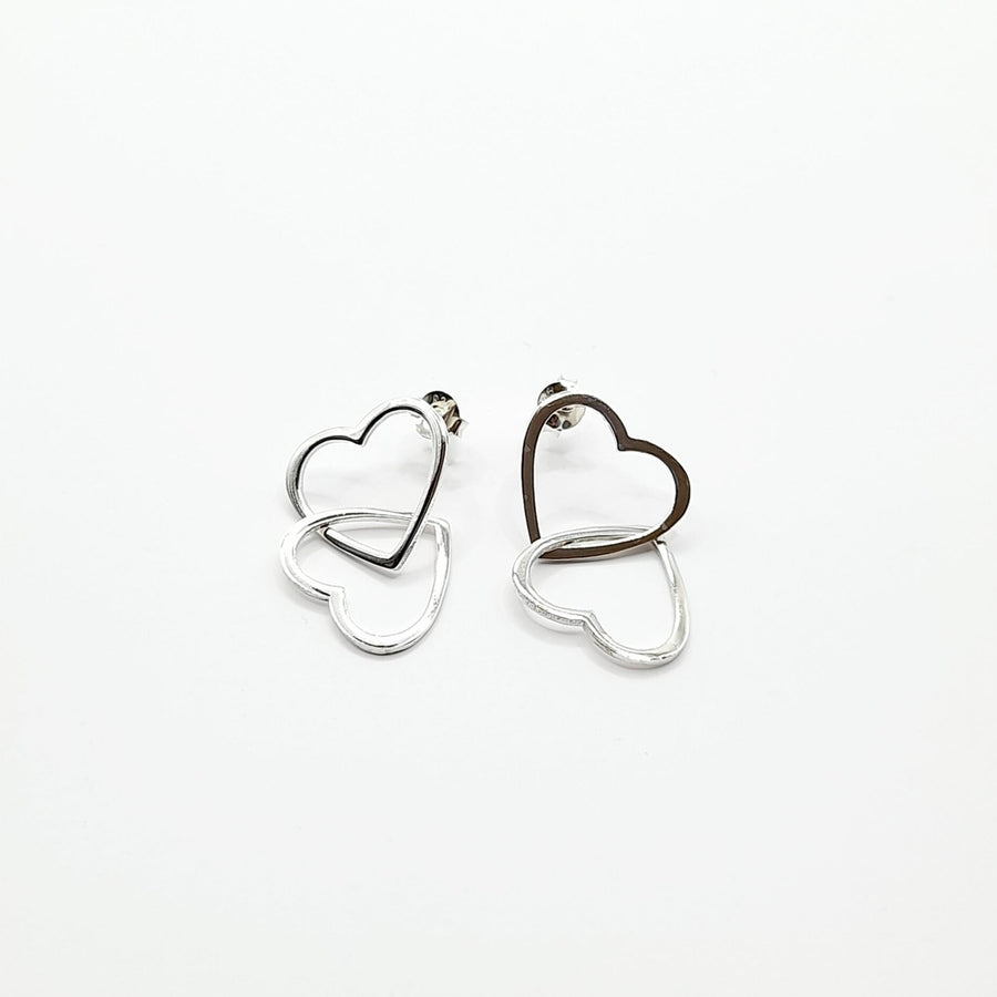 Sterling Silver Earrings - Double Heart Drop Studs