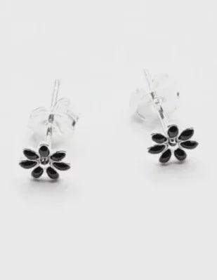 Sterling Silver Earrings -  Enamel Black Flower