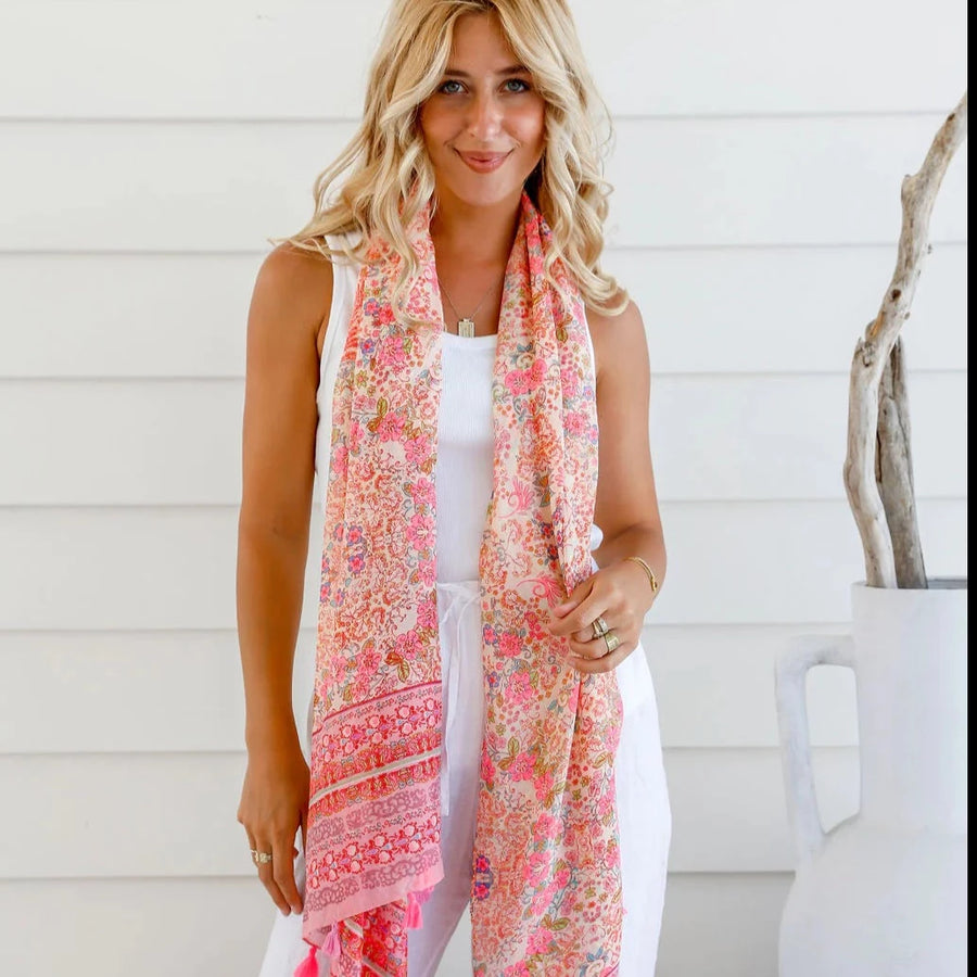 Paisley Printed Scarf with Tassels - Pink