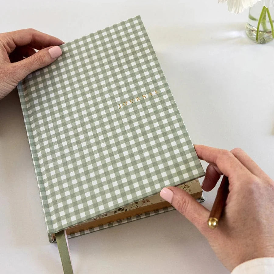 Linen Bound Journal - Sage Check (Lined)