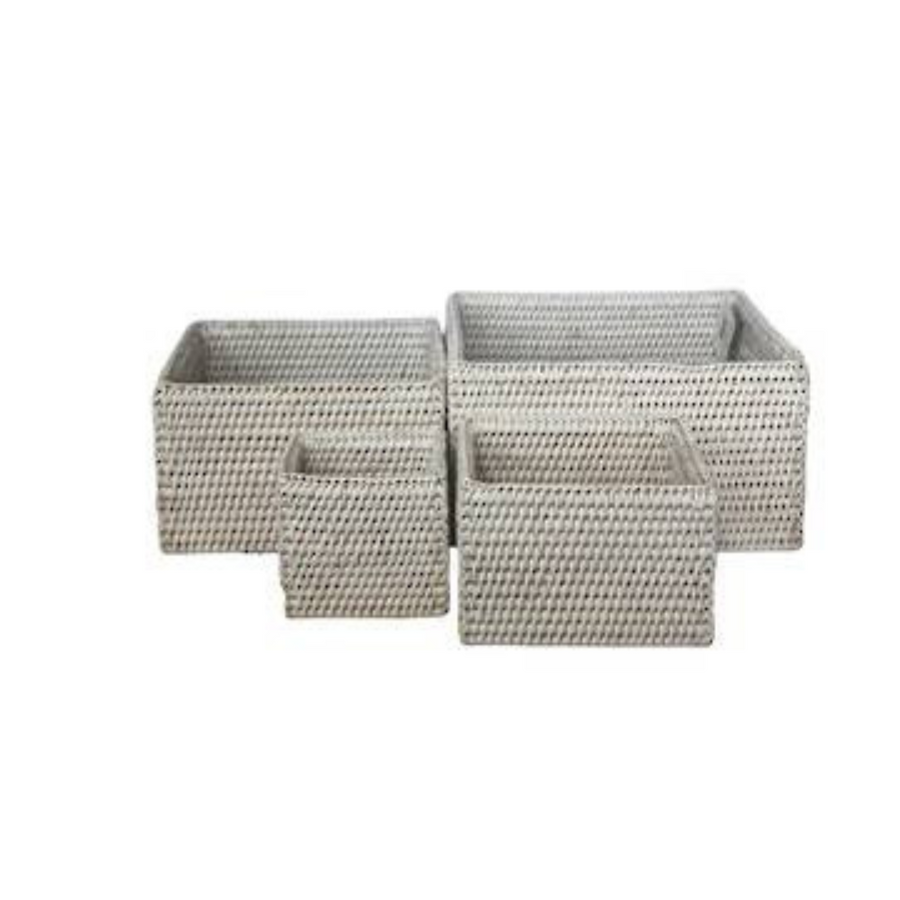 Set of 4 Stacking White Rattan Boxes