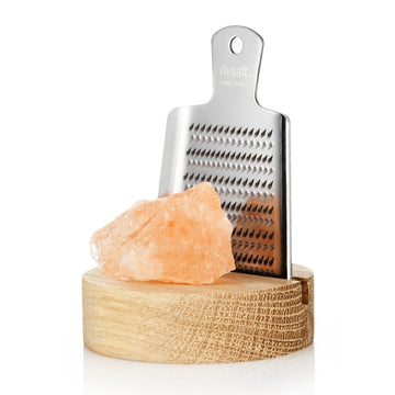 Rivsalt Original - Himalayan Pink Rock Salt, Stainless Steel Grater with Oak Stand