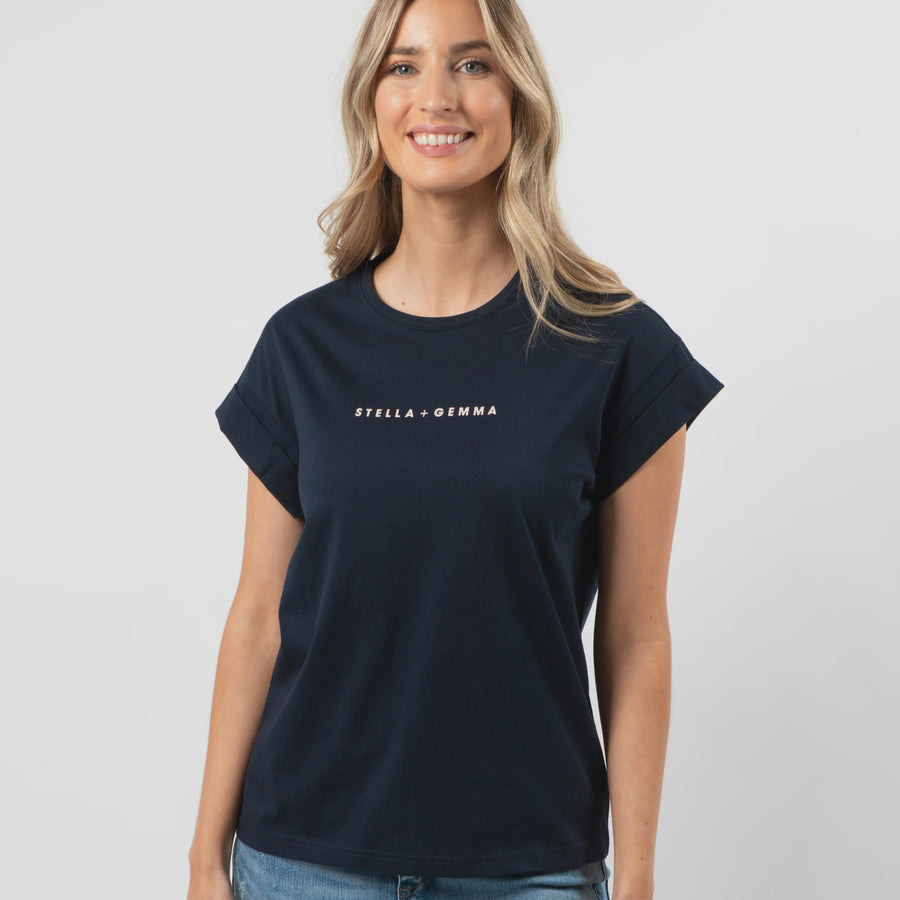 Stella + Gemma Cuff Tee - Navy  | White Logo