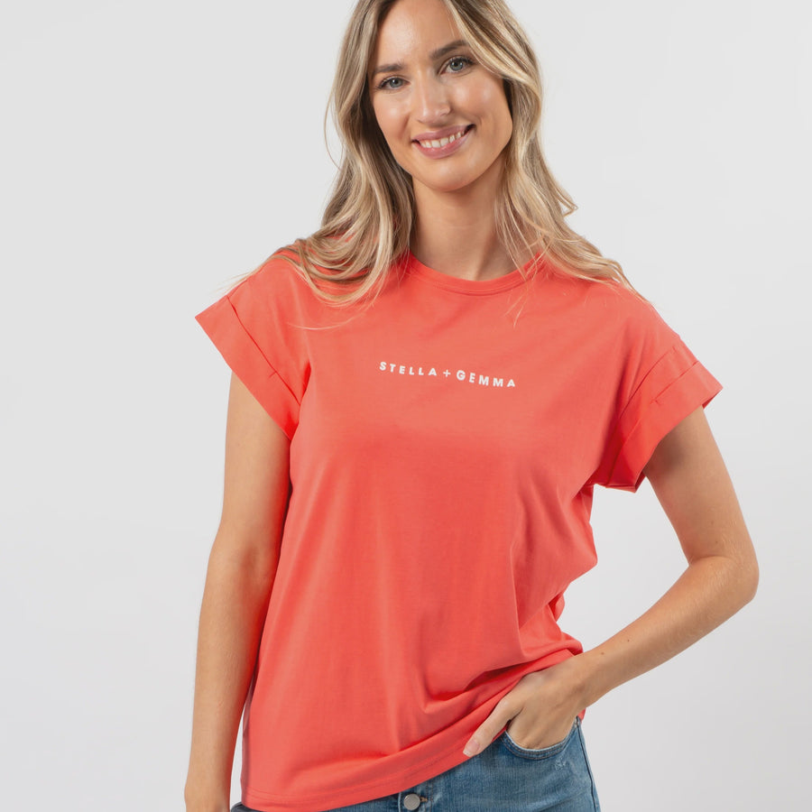 Stella + Gemma Cuff Tee - Coral | White Logo