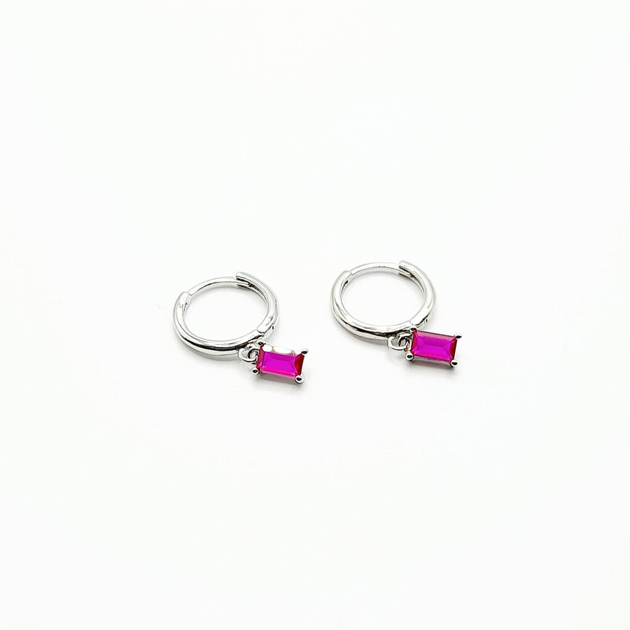 Huggie Earrings - Silver|Pink Gemstone