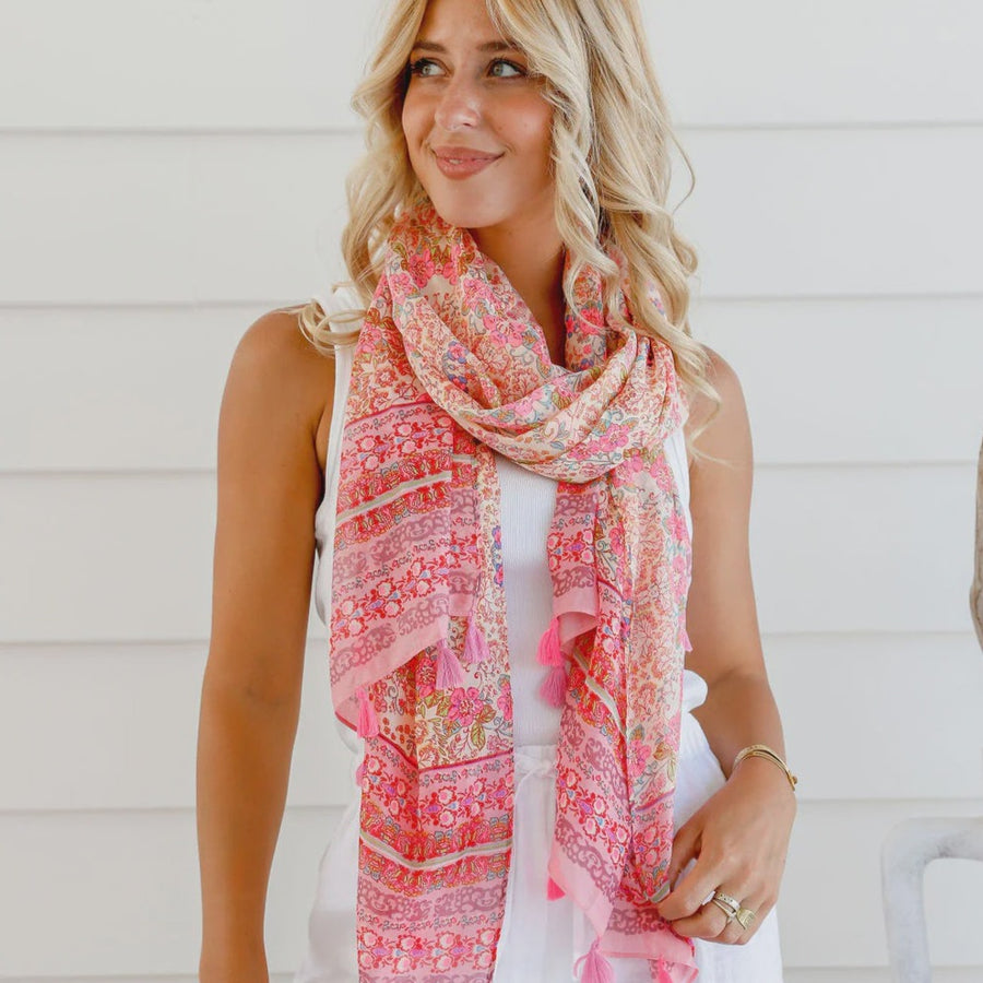 FSS2111Pink Scarf Paisley Printed Scarf with Tassels - Pink